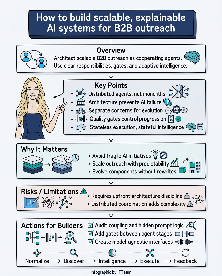 Infographic digest: how to build scalable, explainable AI systems for B2B outreach — covering the five architectural principles and the five-stage agent pipeline