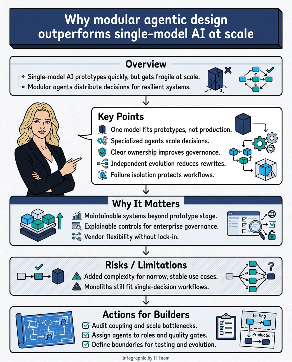 Infographic digest: why modular agentic design outperforms single-model AI at scale — covering the five architectural differences and when each approach applies