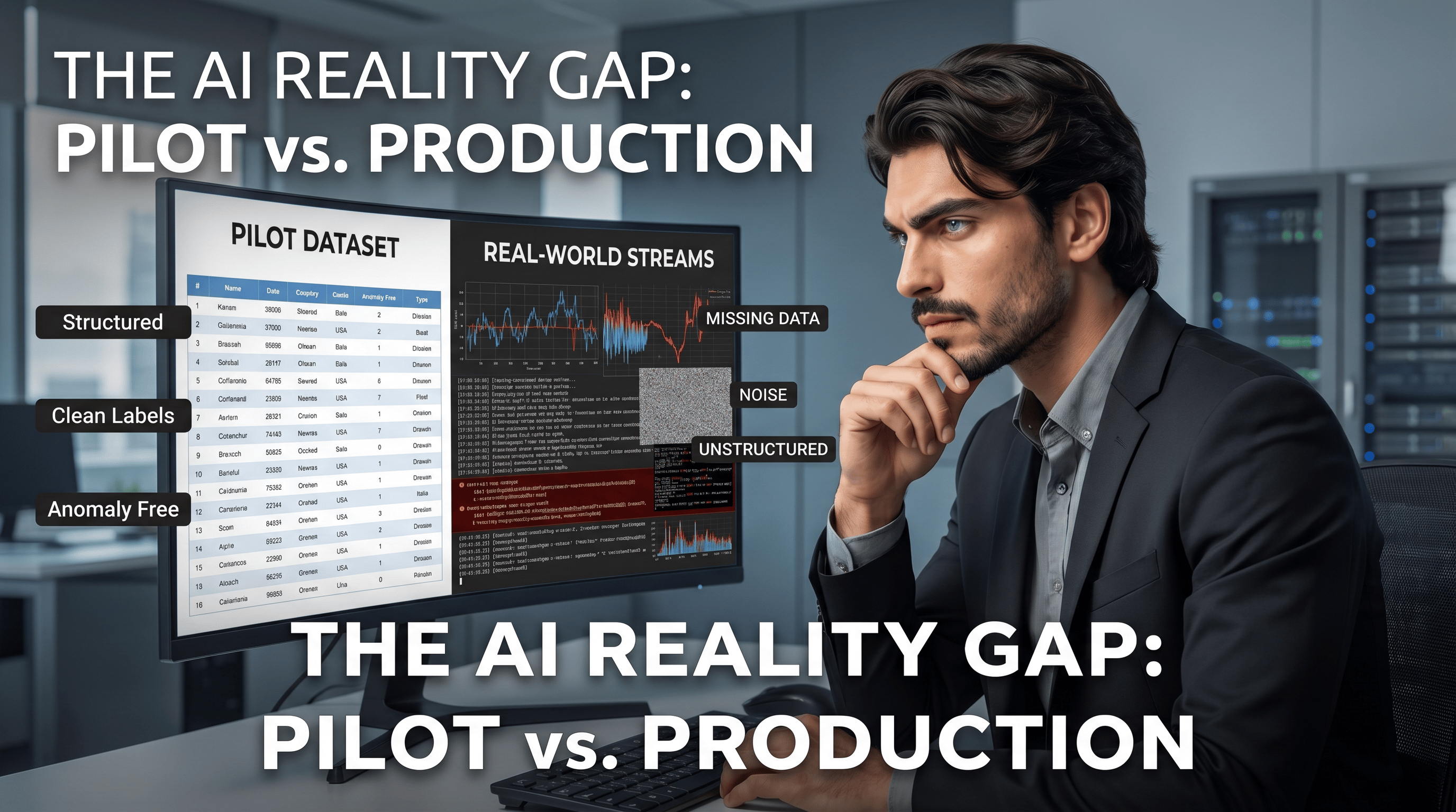 Diagram illustrating why AI pilots succeed but production deployments fail — the gap between controlled testing and real-world conditions