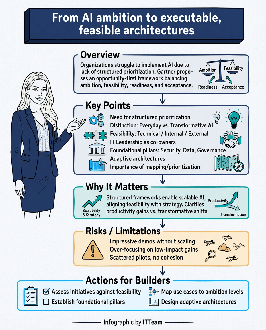 Infographic summarising the AI opportunity mapping framework: AI ambition levels, the Opportunity Radar dimensions, three feasibility pillars, and architectural implications