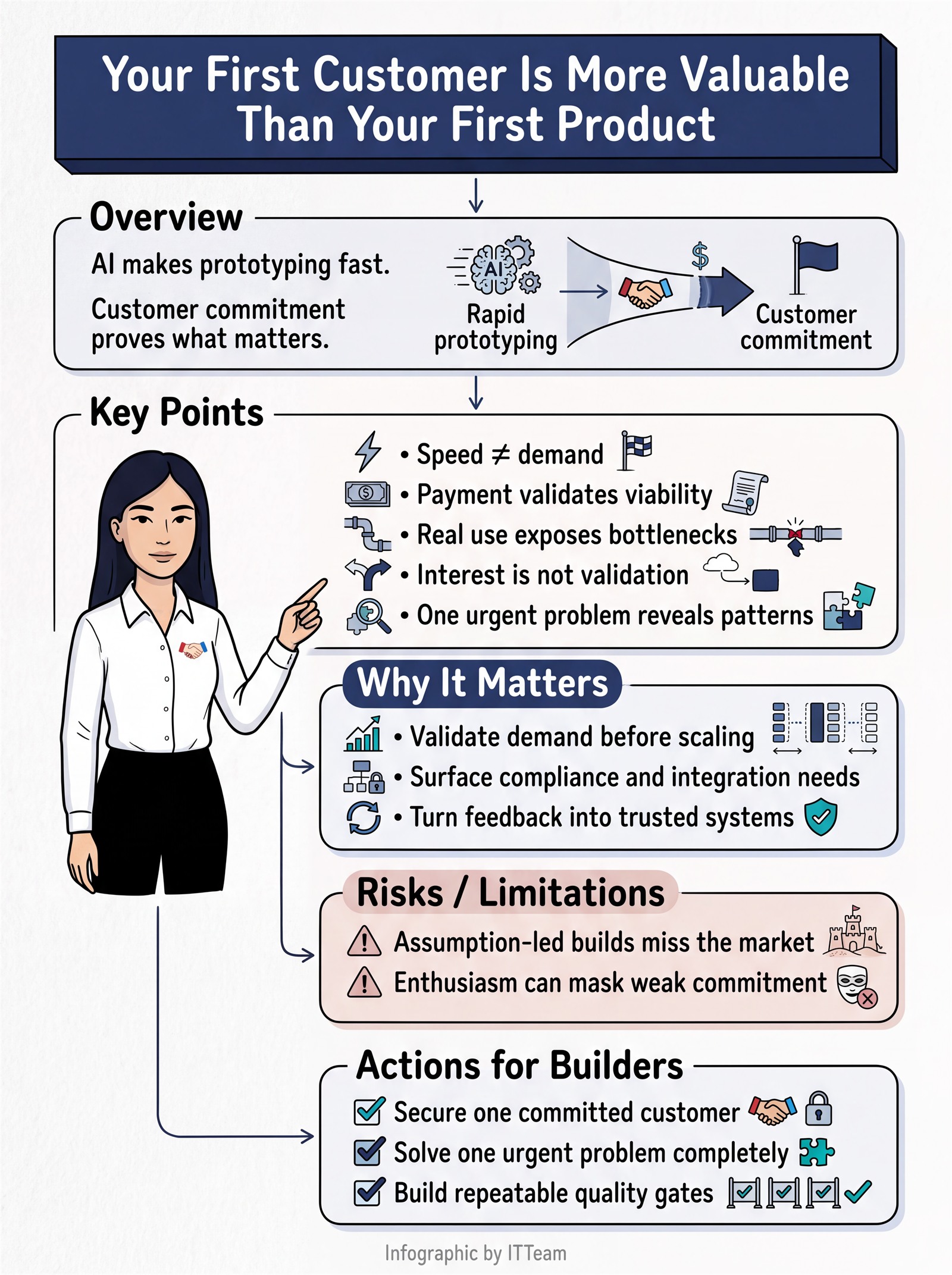 Infographic summarising why your first customer is more valuable than your first product — speed is not demand, payment validates viability, real use exposes bottlenecks, interest is not validation, and one urgent problem reveals patterns