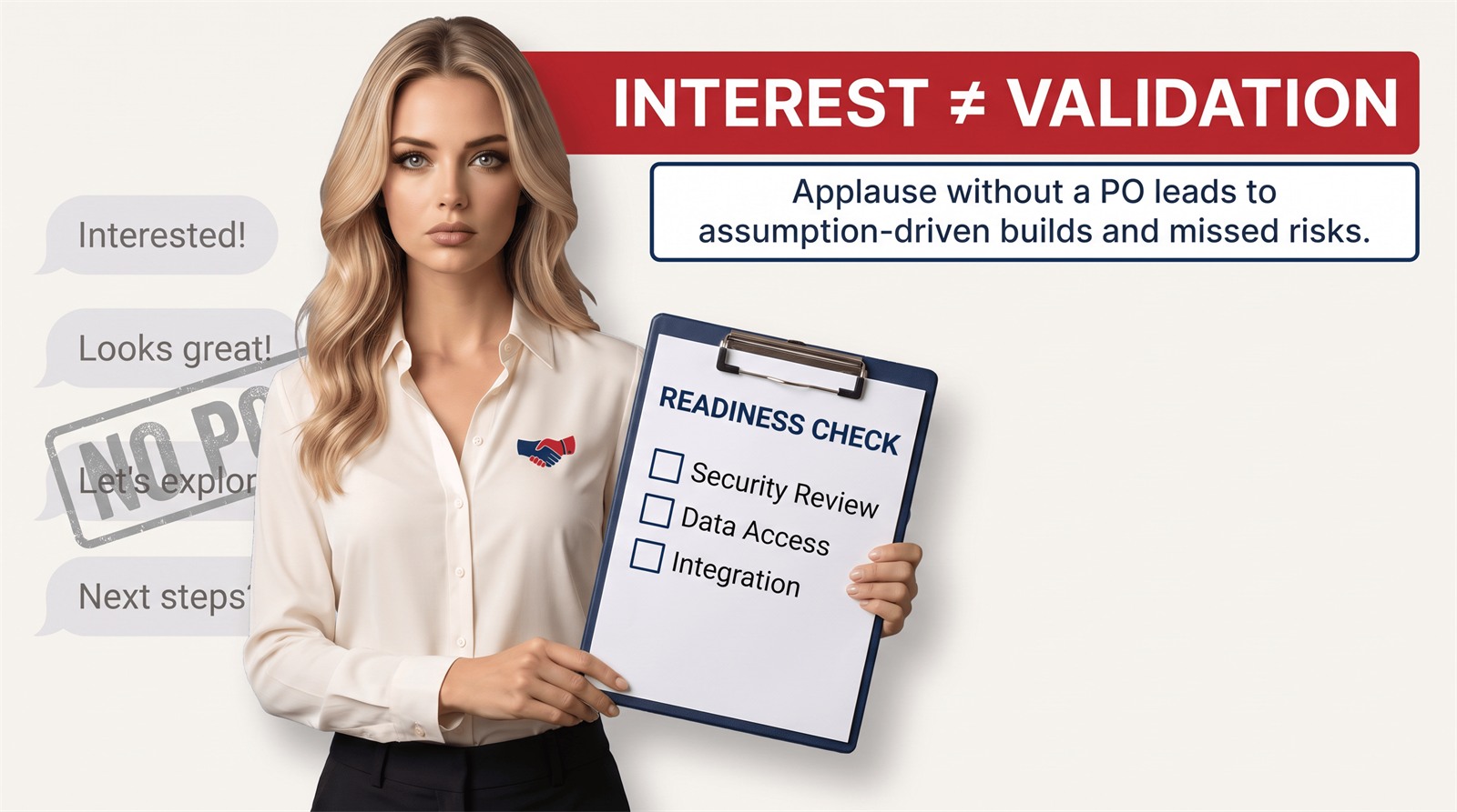 Interest is not validation — applause without a purchase order leads to assumption-driven builds and missed risks across security review, data access, and integration