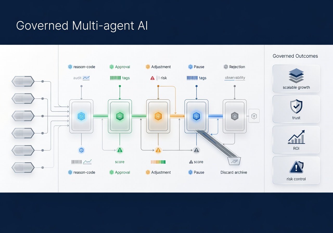 Diagram illustrating quality gates as decision checkpoints in a multi-agent AI architecture pipeline